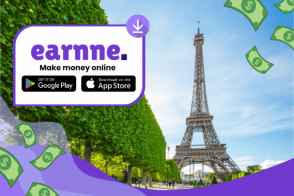 Earnne app showing remote work options in Marseille, France including games, surveys, and microtasks