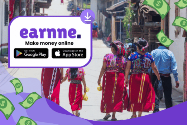 Earnne app showing remote work options in Flores, Guatemala including games, surveys, and microtasks
