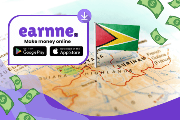 Earnne app showing remote work options in Mahaica, Guyana including games, surveys, and microtasks
