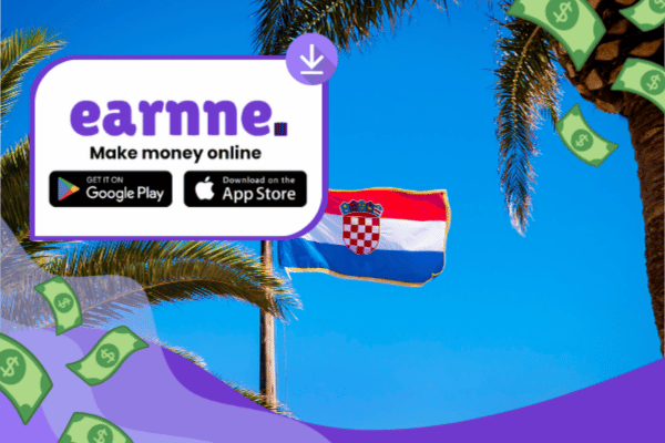 Earnne app showing remote work options in Rijeka, Croatia including games, surveys, and microtasks