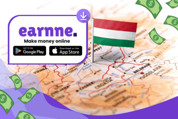 Earnne app showing remote work options in Gyor, Hungary including games, surveys, and microtasks