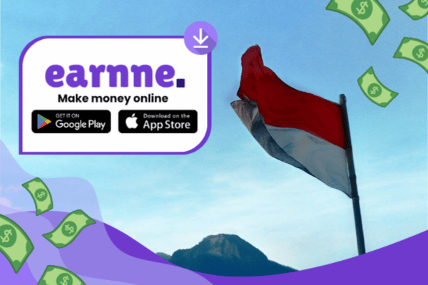 Earnne app showing remote work options in Medan, Indonesia including games, surveys, and microtasks
