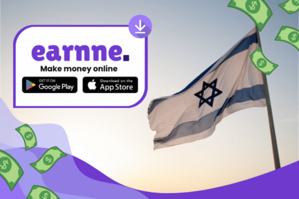 Earnne app showing remote work options in Holon, Israel including games, surveys, and microtasks