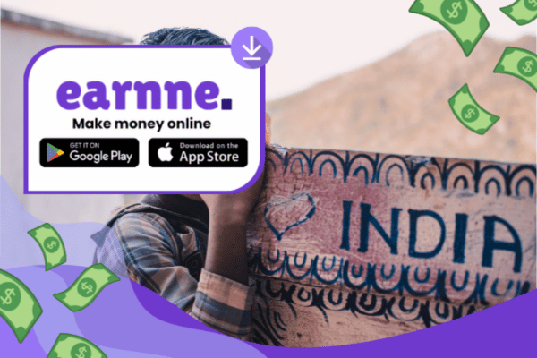 Earnne app showing remote work options in Bangalore, India including games, surveys, and microtasks