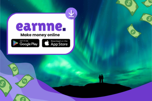Earnne app showing remote work options in Akureyri, Iceland including games, surveys, and microtasks