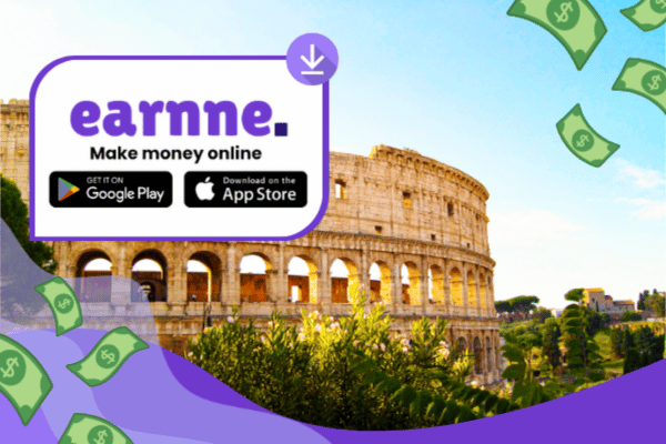 Earnne app showing remote work options in Bari, Italy including games, surveys, and microtasks