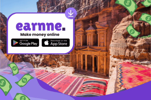 Earnne app showing remote work options in Mafraq, Jordan including games, surveys, and microtasks