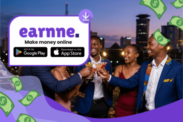 Earnne app showing remote work options in Mombasa, Kenya including games, surveys, and microtasks