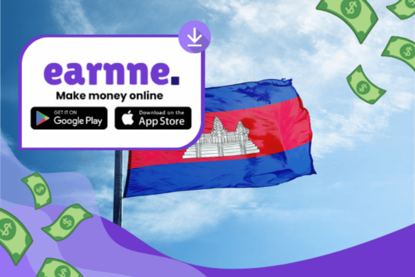Earnne app showing remote work options in Kampong Cham, Cambodia including games, surveys, and microtasks