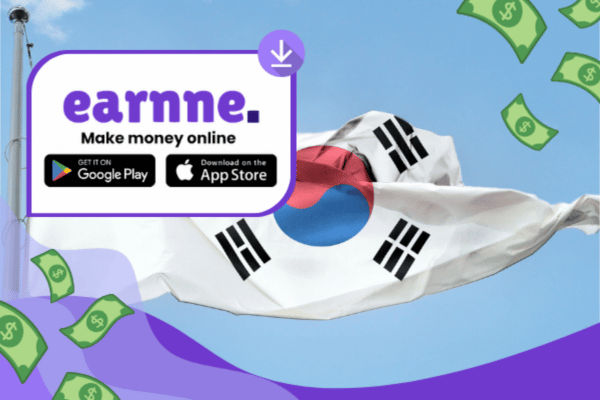 Earnne app showing remote work options in Seoul, South Korea including games, surveys, and microtasks