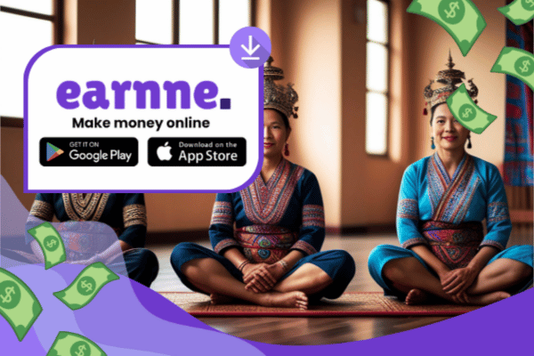 Earnne app showing remote work options in Savannakhet, Laos including games, surveys, and microtasks