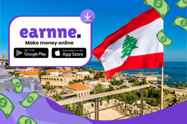 Earnne app showing remote work options in Baalbek, Lebanon including games, surveys, and microtasks