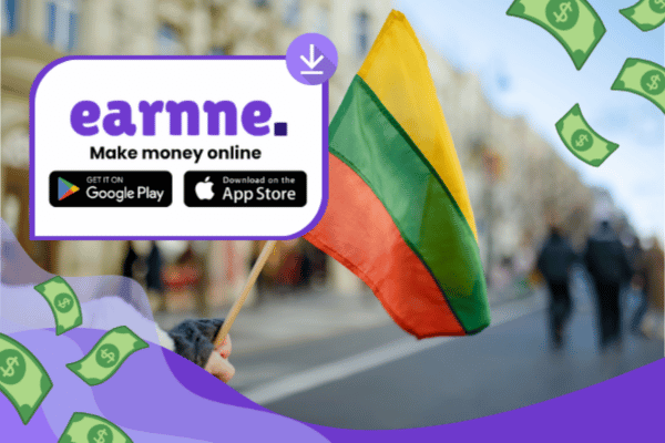 Earnne app showing remote work options in Marijampole, Lithuania including games, surveys, and microtasks