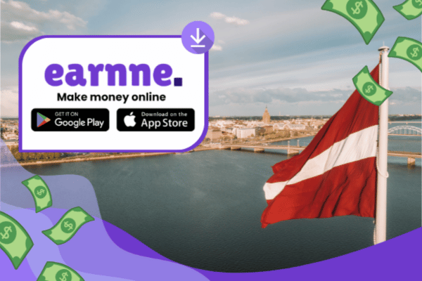 Earnne app showing remote work options in Jelgava, Latvia including games, surveys, and microtasks