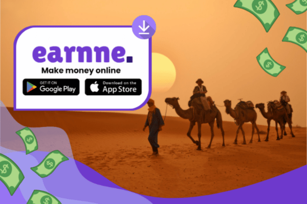 Earnne app showing remote work options in Marrakech, Morocco including games, surveys, and microtasks