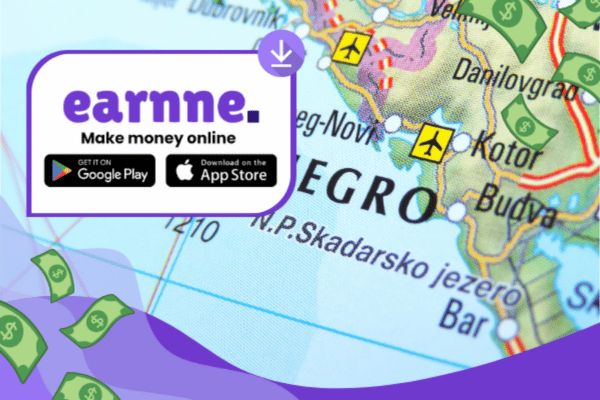 Earnne app showing remote work options in Pljevlja, Montenegro including games, surveys, and microtasks