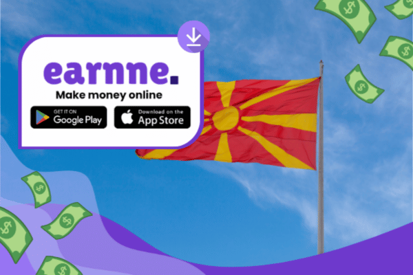Earnne app showing remote work options in Skopje, North Macedonia including games, surveys, and microtasks