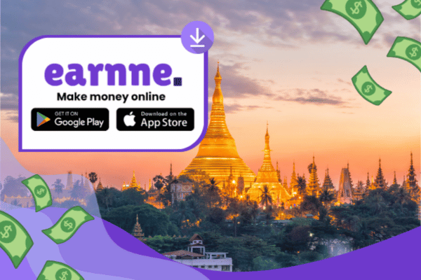 Earnne app showing remote work options in Mandalay, Myanmar including games, surveys, and microtasks