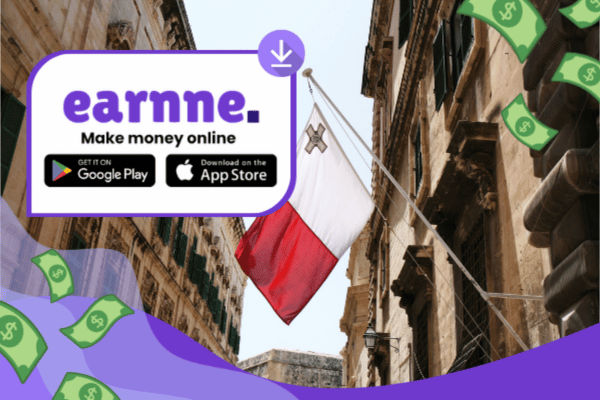 Earnne app showing remote work options in Gozo, Malta including games, surveys, and microtasks