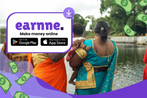 Earnne app showing remote work options in Quatre Bornes, Mauritius including games, surveys, and microtasks