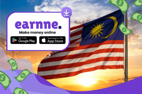 Earnne app showing remote work options in Penang, Malaysia including games, surveys, and microtasks