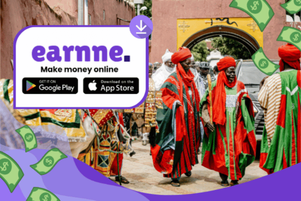 Earnne app showing remote work options in Kano, Nigeria including games, surveys, and microtasks