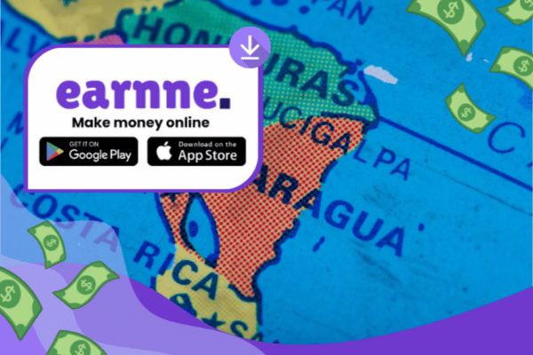 Earnne app showing remote work options in Chinandega, Nicaragua including games, surveys, and microtasks