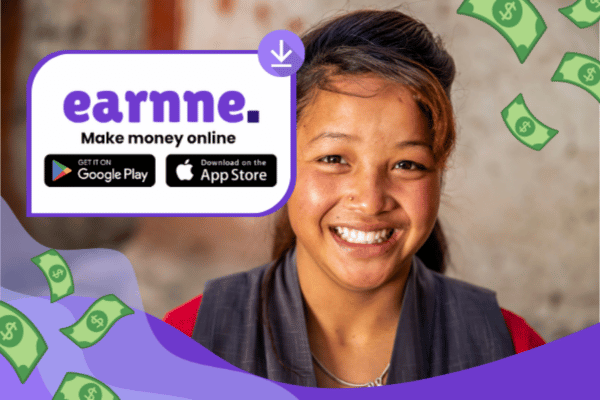 Earnne app showing remote work options in Lalitpur, Nepal including games, surveys, and microtasks