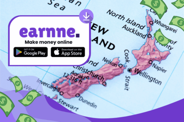 Earnne app showing remote work options in Auckland, New Zealand including games, surveys, and microtasks