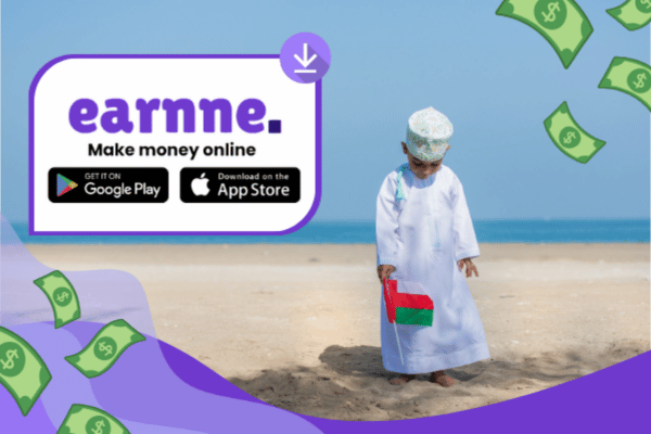 Earnne app showing remote work options in Barka, Oman including games, surveys, and microtasks