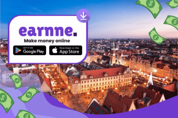 Earnne app showing remote work options in Wroclaw, Poland including games, surveys, and microtasks