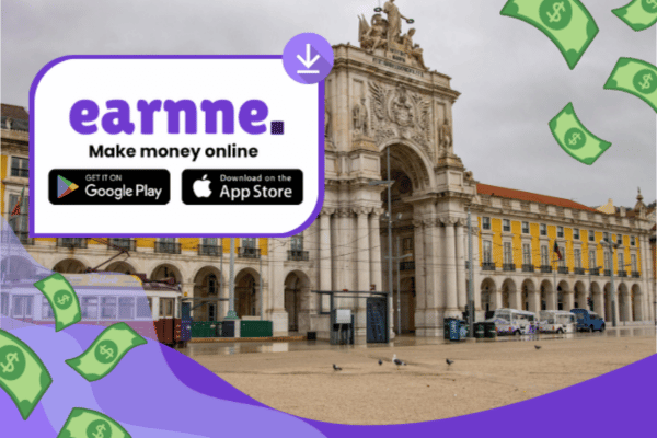 Earnne app showing remote work options in Lisbon, Portugal including games, surveys, and microtasks