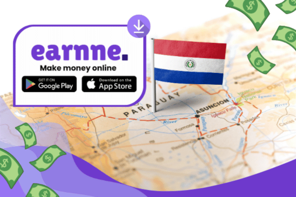 Earnne app showing remote work options in Encarnacion, Paraguay including games, surveys, and microtasks