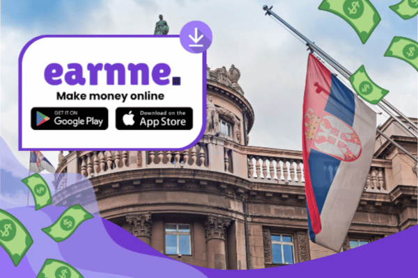 Earnne app showing remote work options in Belgrade, Serbia including games, surveys, and microtasks