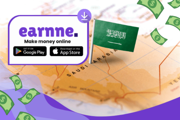 Earnne app showing remote work options in Dammam, Saudi Arabia including games, surveys, and microtasks
