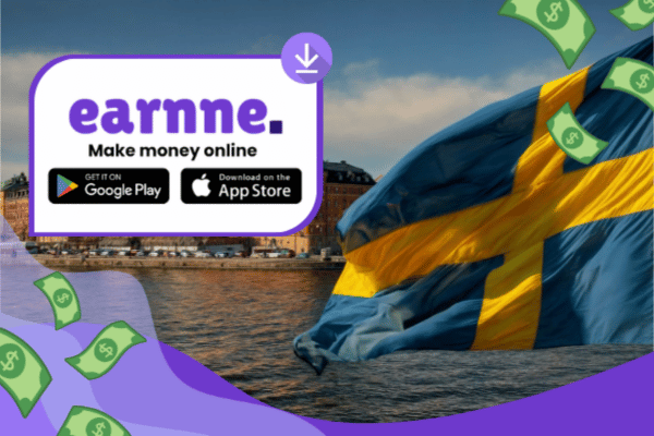 Earnne app showing remote work options in Stockholm, Sweden including games, surveys, and microtasks