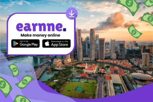 Earnne app showing remote work options in Woodlands, Singapore including games, surveys, and microtasks
