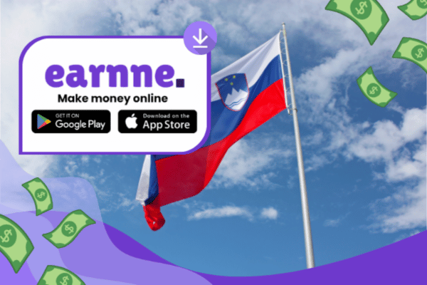 Earnne app showing remote work options in Velenje, Slovenia including games, surveys, and microtasks