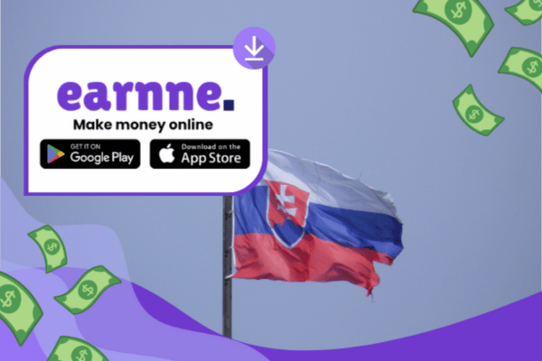 Earnne app showing remote work options in Nitra, Slovakia including games, surveys, and microtasks