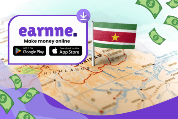 Earnne app showing remote work options in Wageningen, Suriname including games, surveys, and microtasks