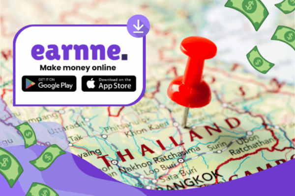 Earnne app showing remote work options in Khon Kaen, Thailand including games, surveys, and microtasks