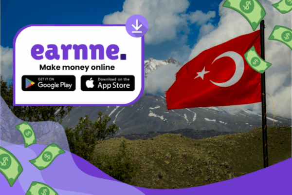 Earnne app showing remote work options in Izmir, Turkey including games, surveys, and microtasks