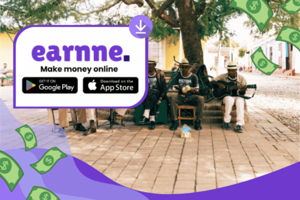 Earnne app showing remote work options in Couva, Trinidad And Tobago including games, surveys, and microtasks