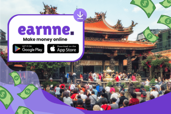 Earnne app showing remote work options in Taipei, Taiwan including games, surveys, and microtasks