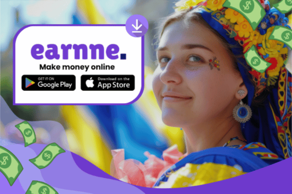 Earnne app showing remote work options in Poltava, Ukraine including games, surveys, and microtasks