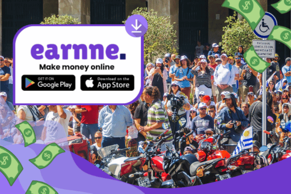 Earnne app showing remote work options in Maldonado, Uruguay including games, surveys, and microtasks