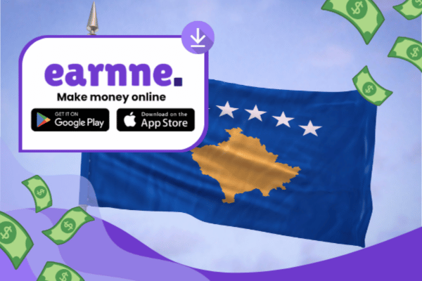 Earnne app showing remote work options in Mitrovica, Kosovo including games, surveys, and microtasks