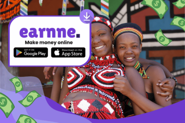 Earnne app showing remote work options in East London, South Africa including games, surveys, and microtasks