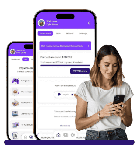 Earnne interface showing user earning money through online courses, books, and videos with real-time earnings dashboard