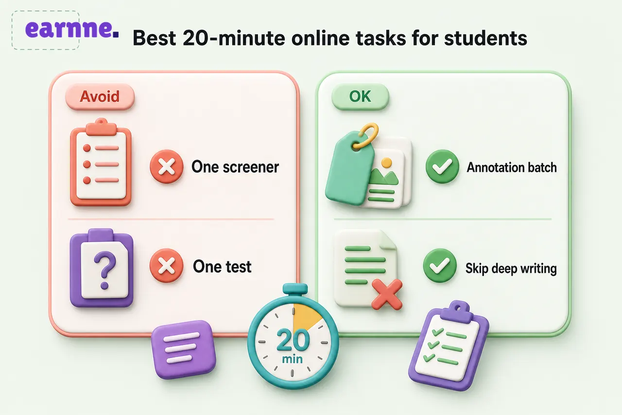 Best 20-minute online tasks for students: avoid One screener and One test; legitimate apps show Annotation batch and Skip deep writing
